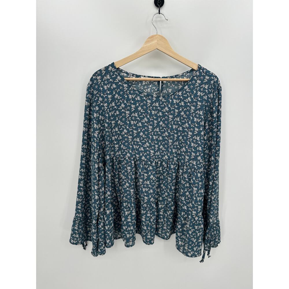 Maurices Top Women XXL Blue Microfloral Boho‎ Ruffle Babydoll Feminine Peasant